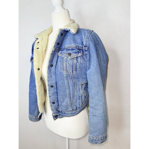 Levi’s Denim Sherpa  Trucker Jacket Light Blue Wash Button Snap XS Western 2A - Picture 2 of 5